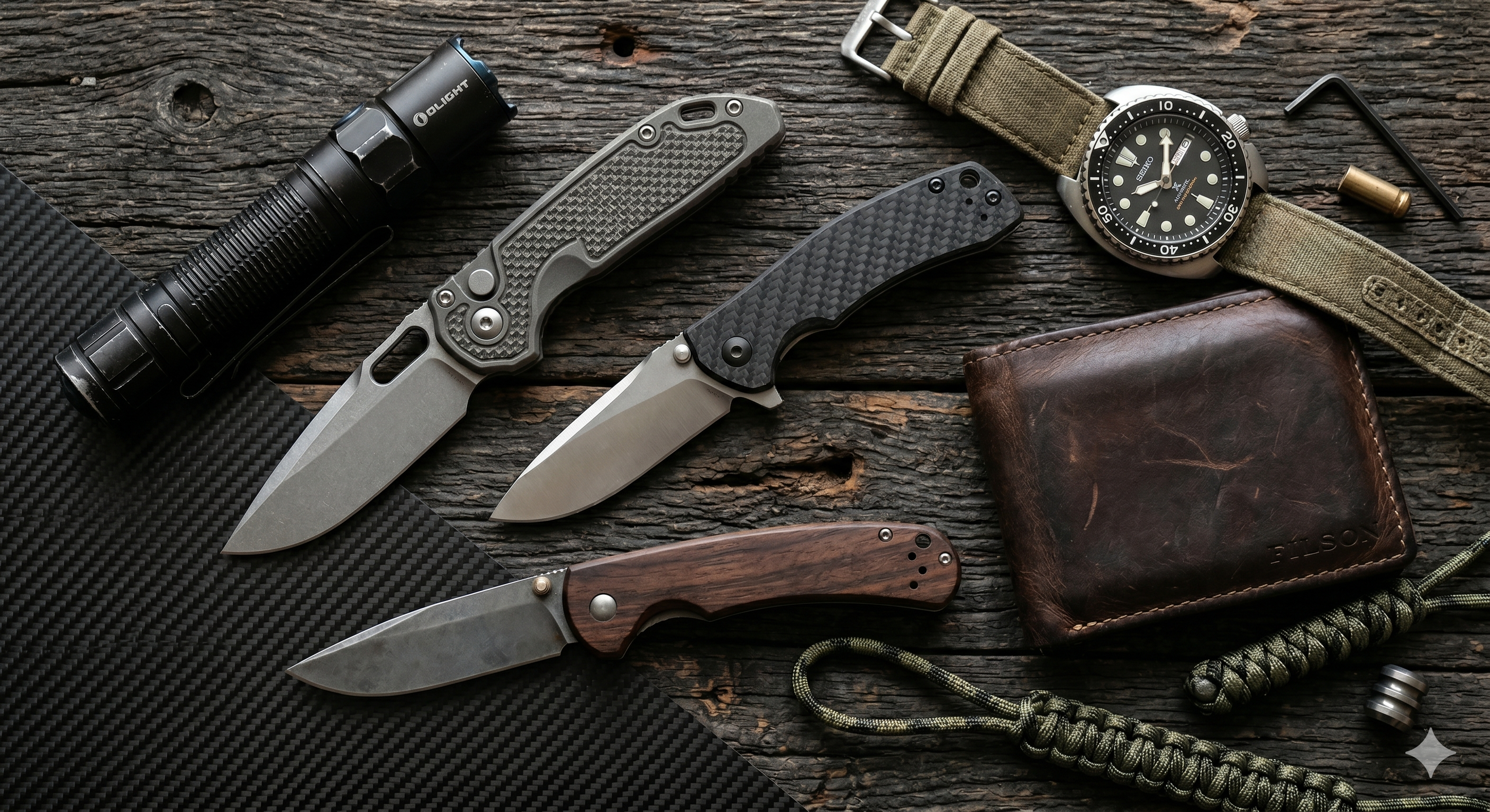 alt="Premium tactical folding knives in an everyday carry EDC flatlay with Olight flashlight, Seiko automatic watch, and Filson leather wallet on dark rustic wood background"