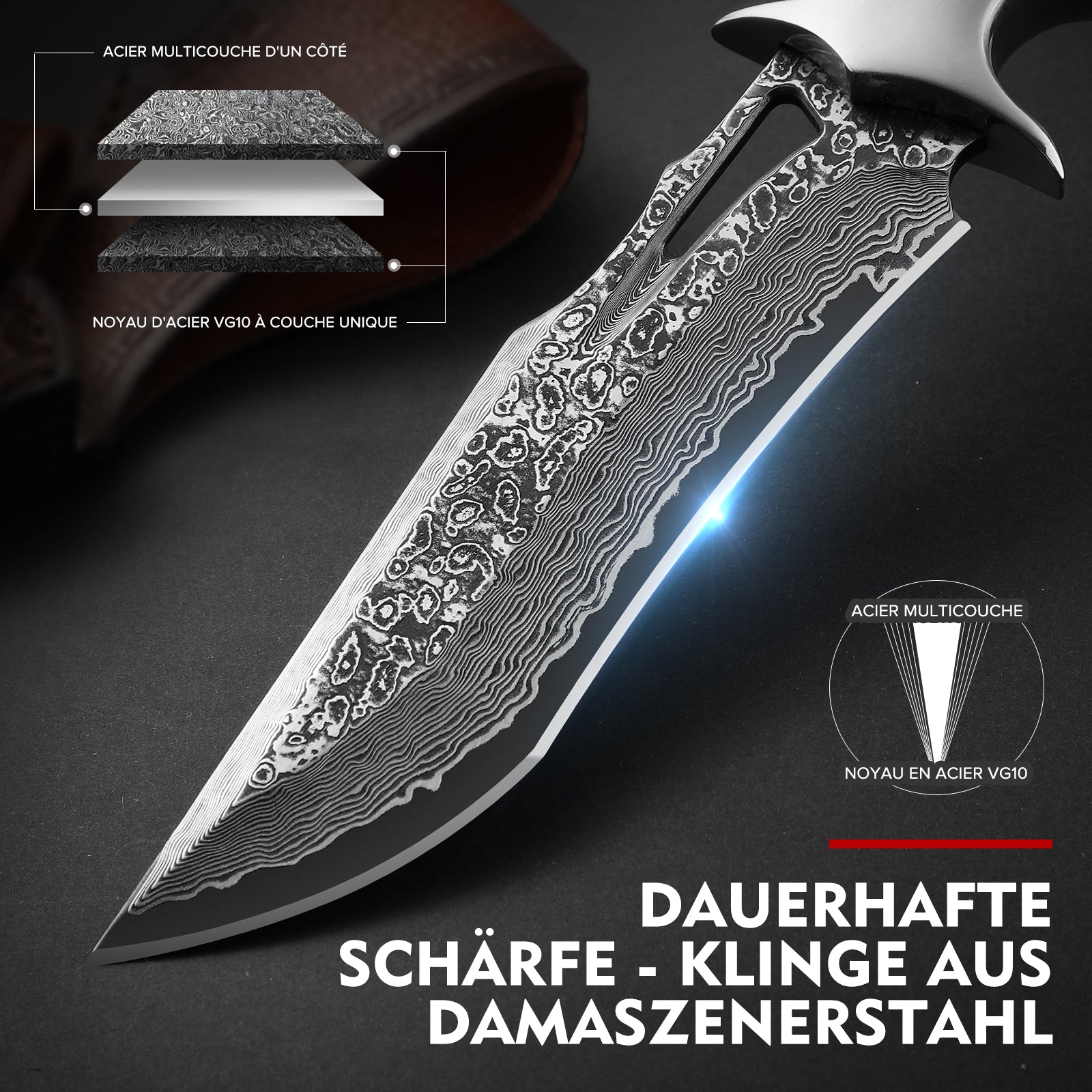 Coltello a lama fissa in acciaio Damasco Full Tang Omesio
