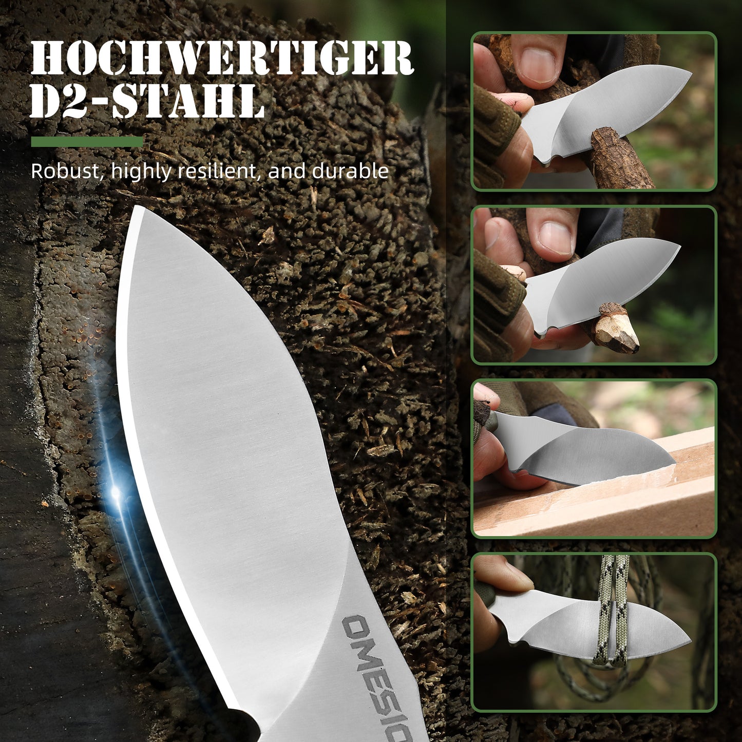 Omesio Nessmuk EDC Neck Knife | D2 Steel Full Tang Fixed Blade with Kydex Sheath