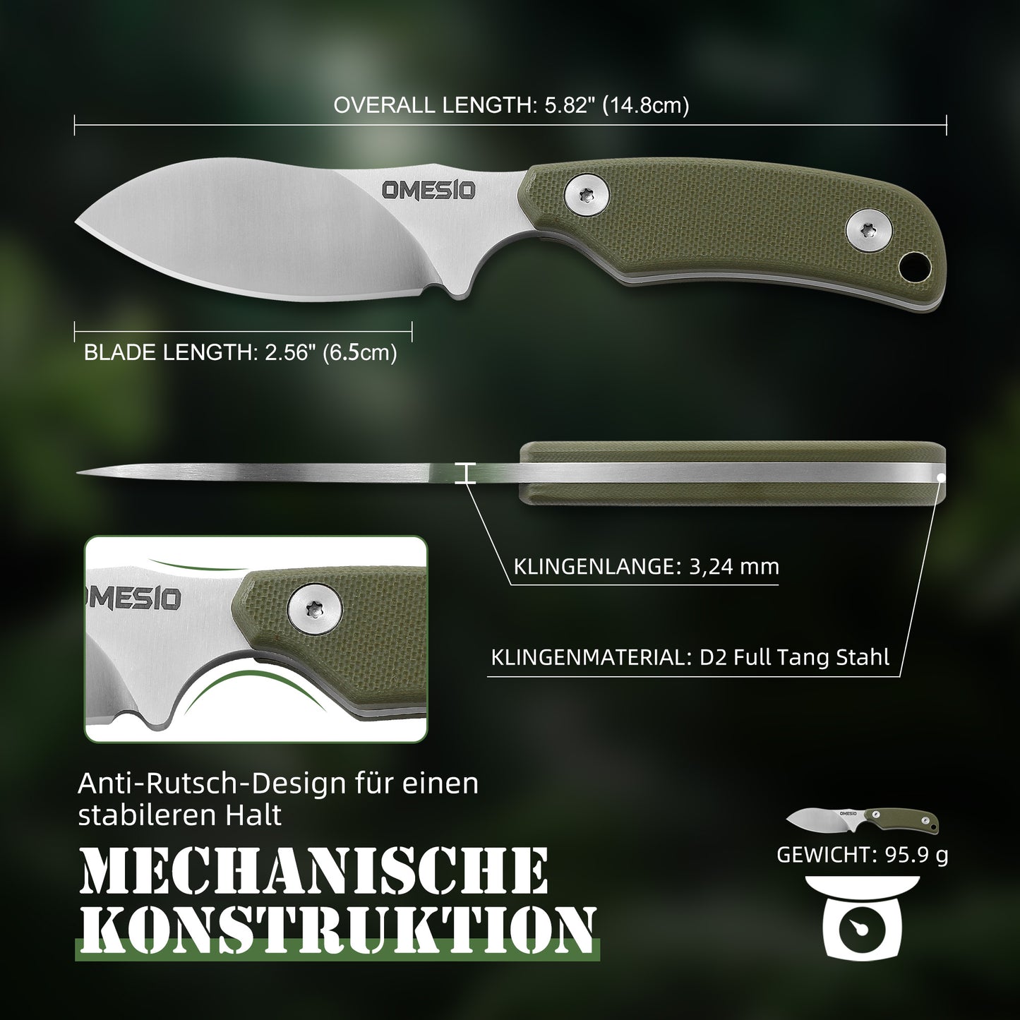 Omesio Nessmuk EDC Neck Knife | D2 Steel Full Tang Fixed Blade with Kydex Sheath