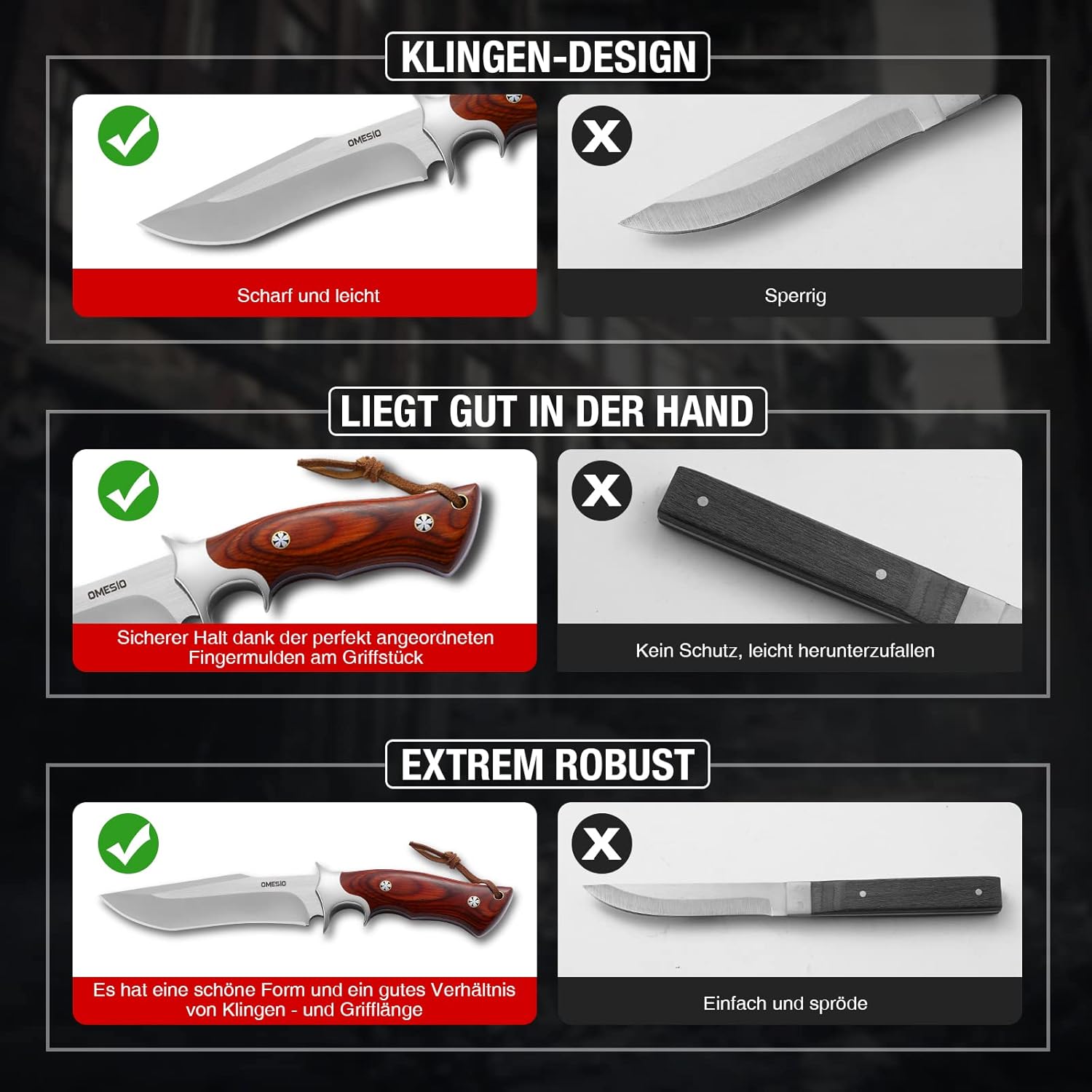 Omesio  L-PJ25H Fixed Blade Knife with Sheath Survival Knife M390 Steel