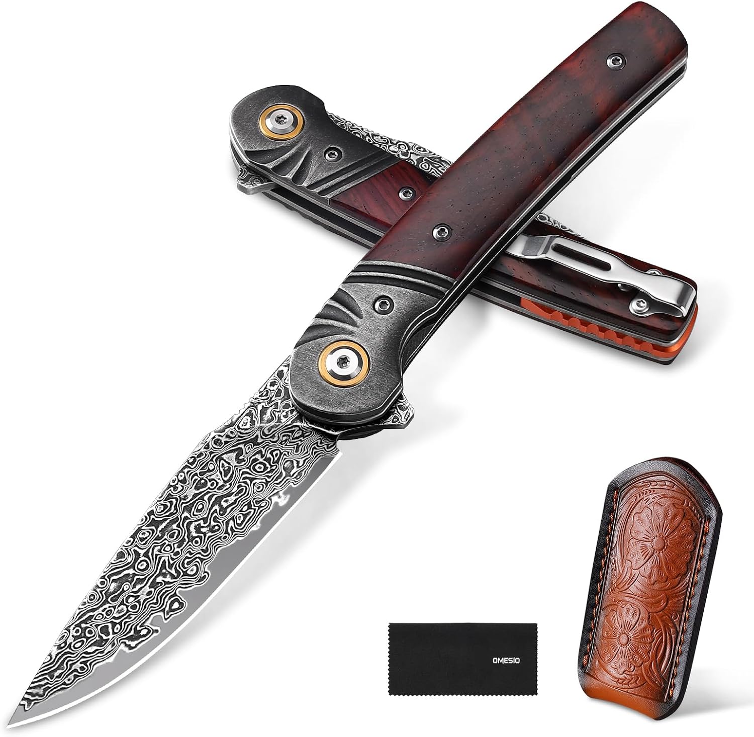 Omesio Damascus Pocket Knife, 3.27" Damascus Steel Blade