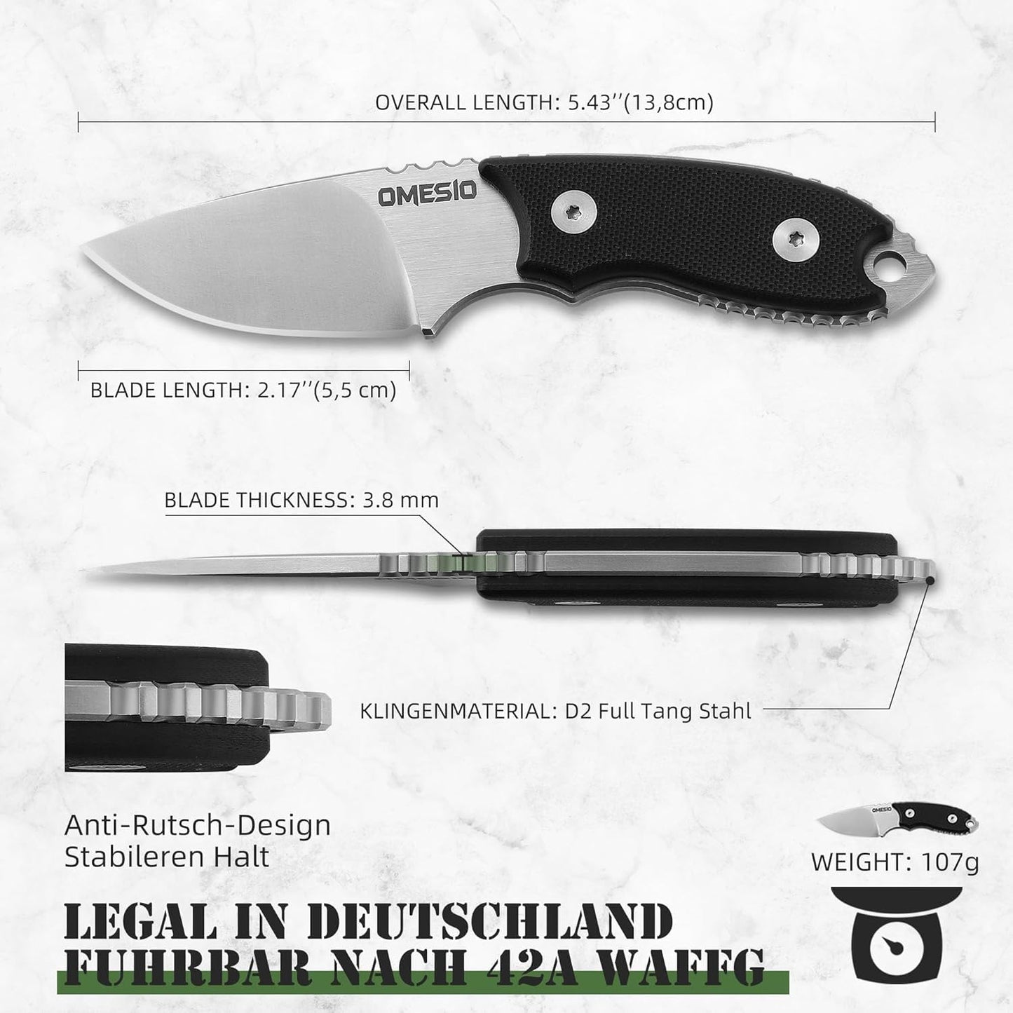 Omesio S-HT Compact D2 Neck Knife with Kydex Sheath