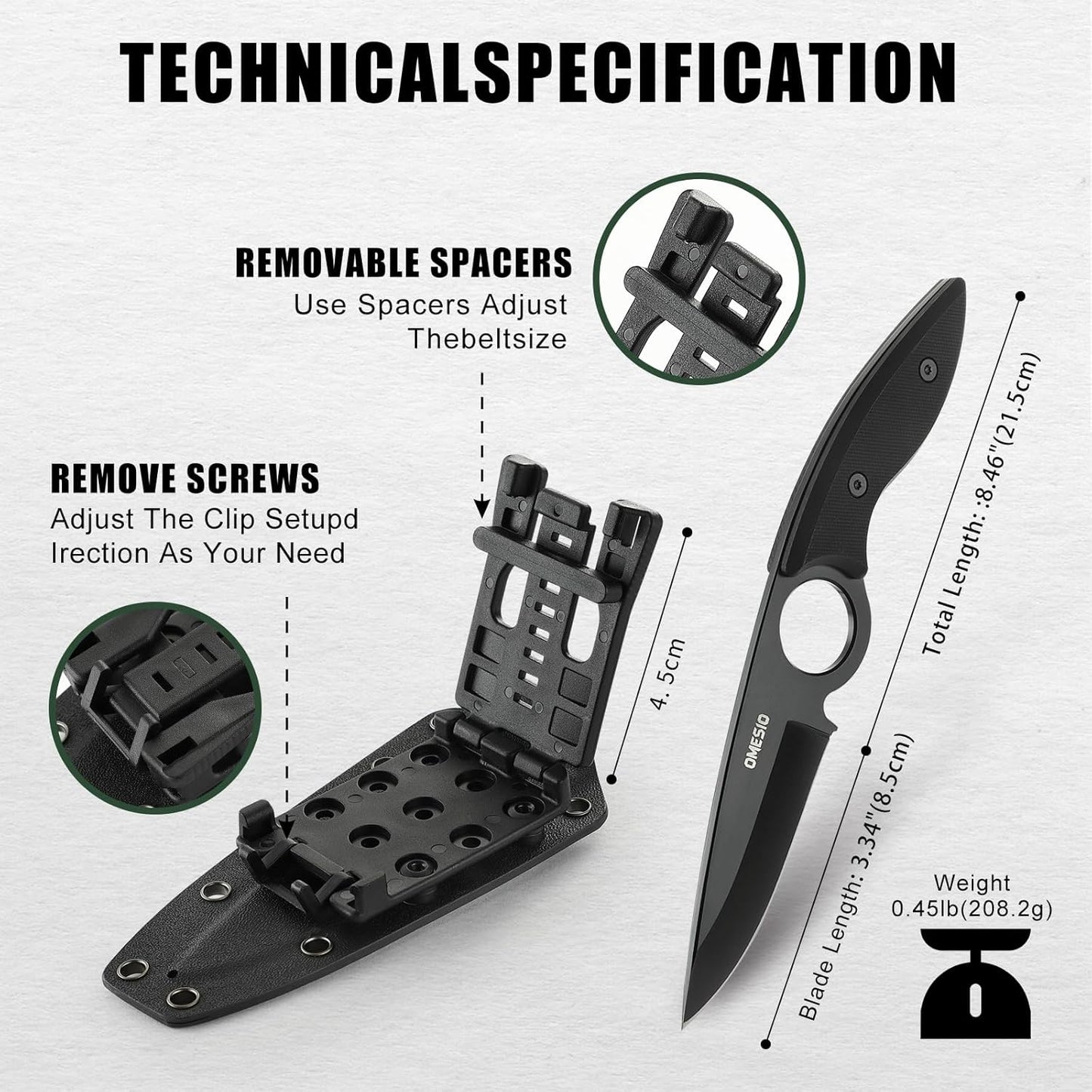 Omesio L-SY Hunting Knife 8.46" Full Tang EDC Horizontal Carry for Men