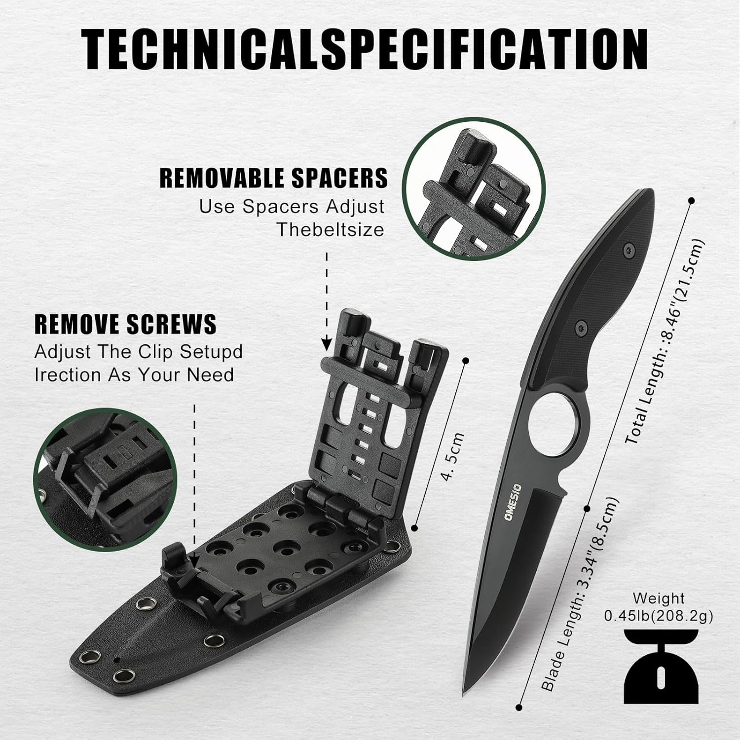 Omesio L-SY Hunting Knife 8.46" Full Tang EDC Horizontal Carry for Men
