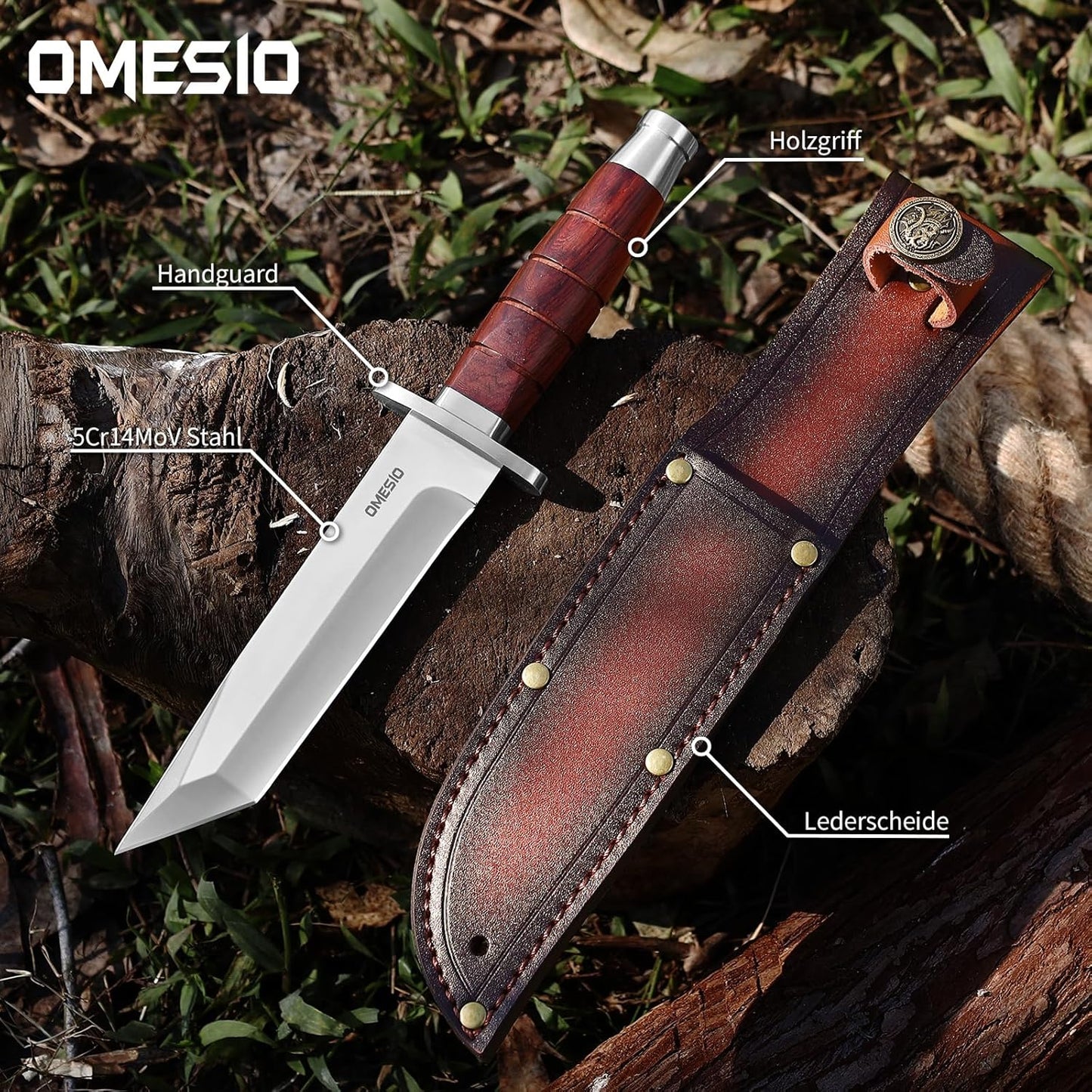 Omesio L-KB Hunting Knife with Sheath, Fixed Blade Full Tang