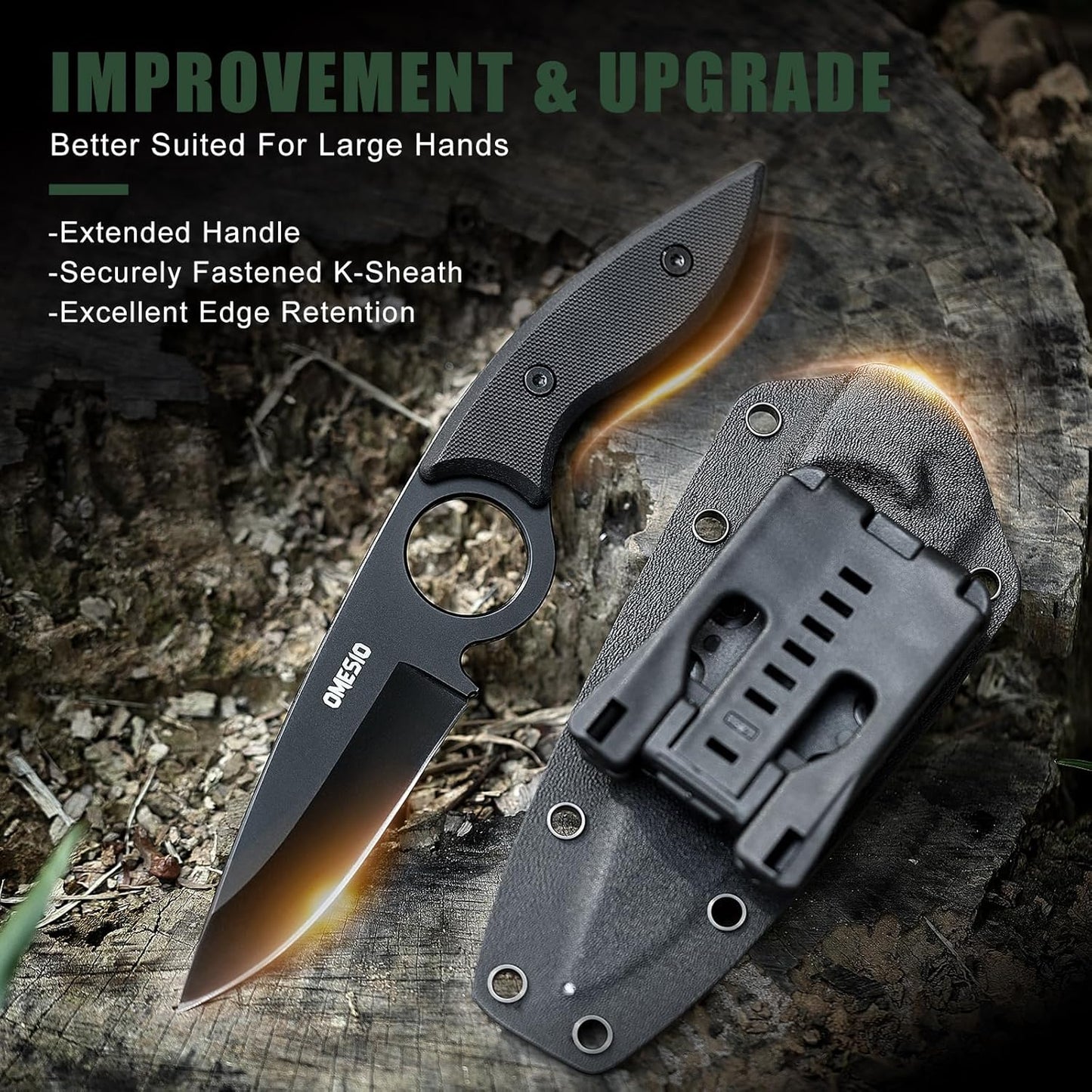 Omesio L-SY Hunting Knife 8.46" Full Tang EDC Horizontal Carry for Men
