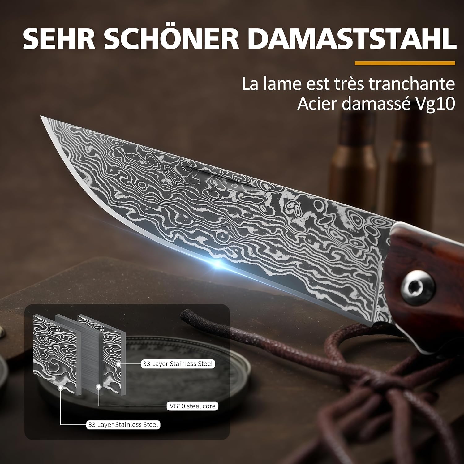 Omesio Heritage Damascus Folding Knife | VG10 Steel & Handcrafted Wood Handle