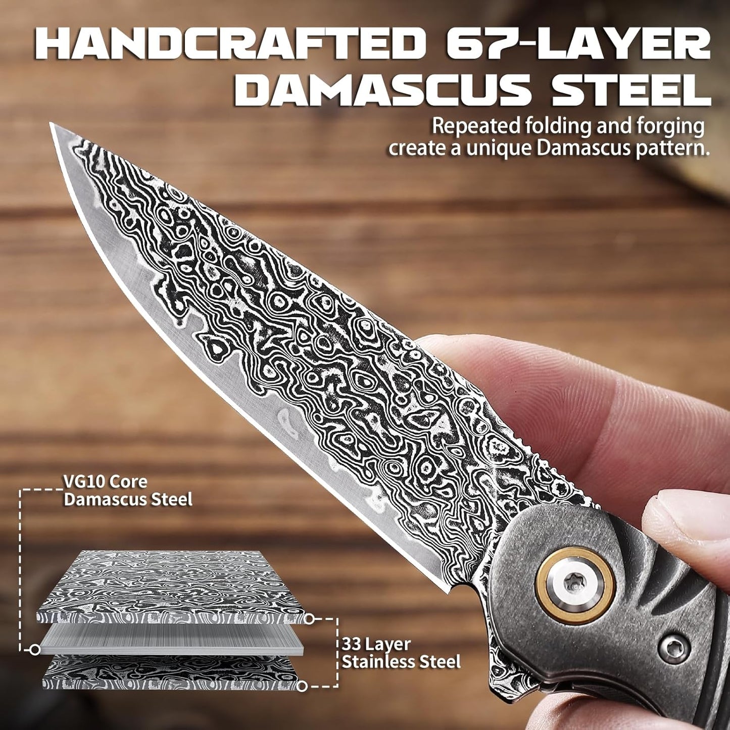 Omesio Damascus Pocket Knife, 3.27" Damascus Steel Blade