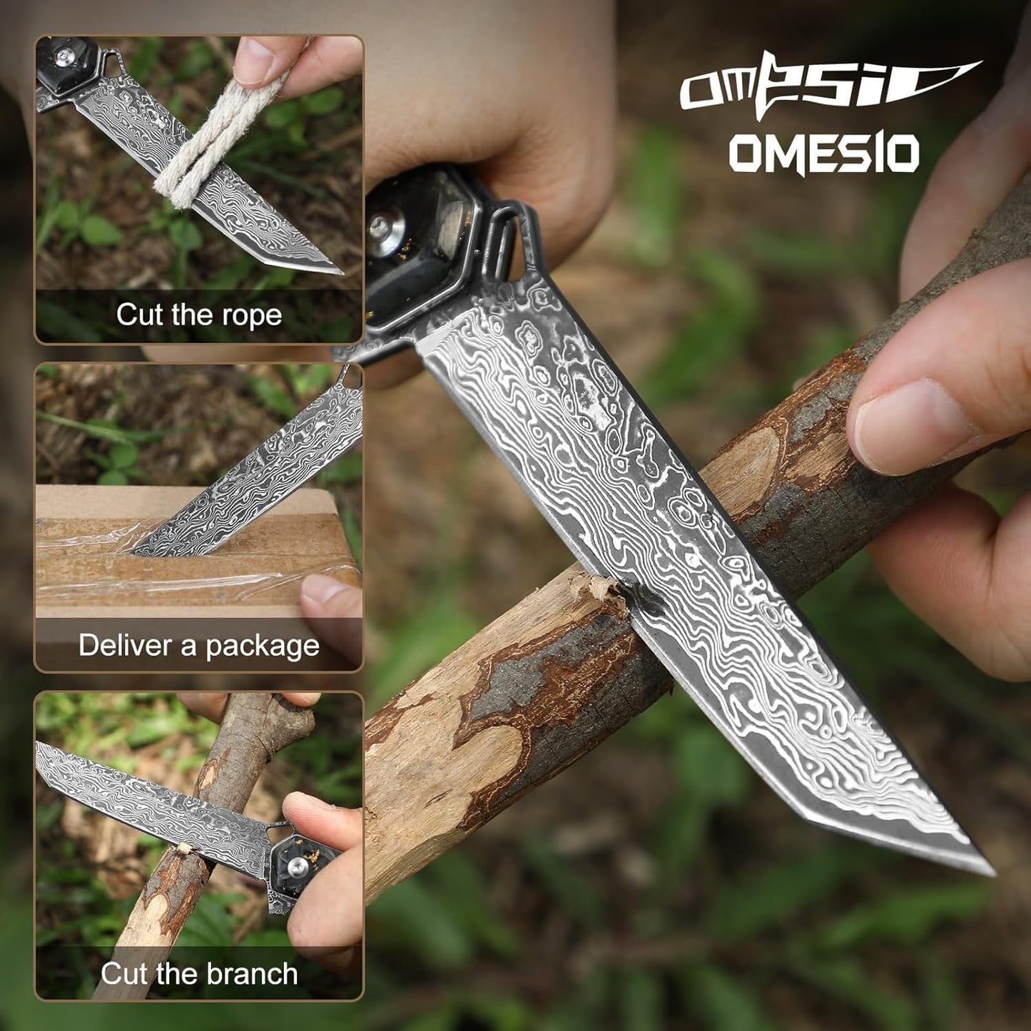 Omesio Damascus Tanto Pocket Knife for Men Women