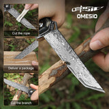 Omesio Damascus Tanto Pocket Knife for Men Women