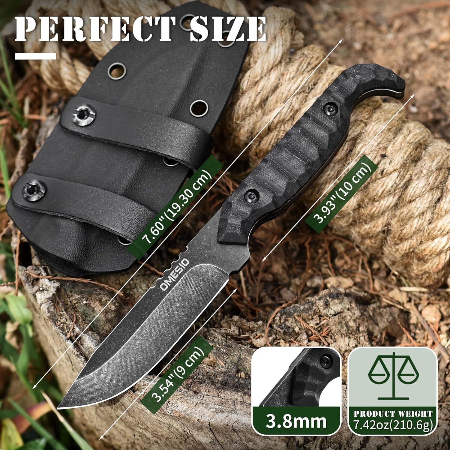 Omesio M-FT 7.6" EDC Fixed Blade Knife with Kydex Sheath