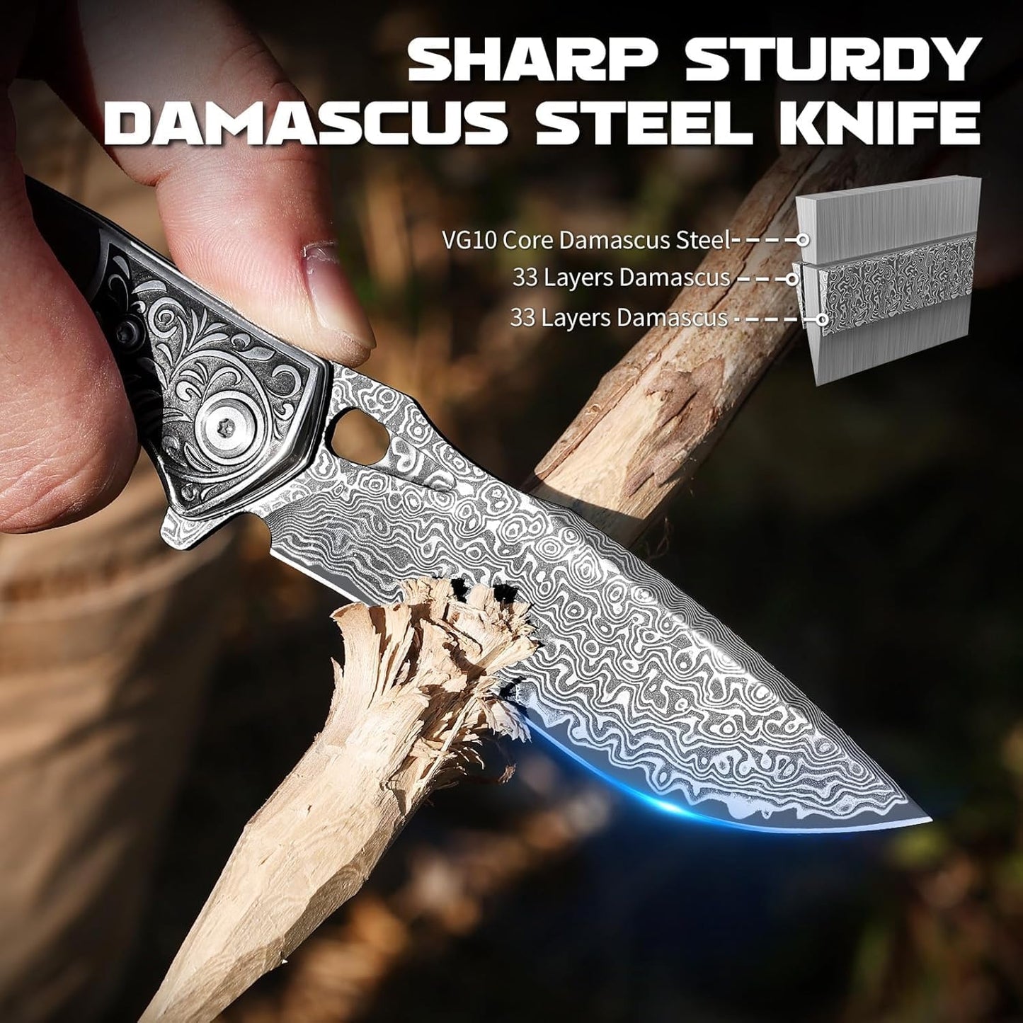Omesio Damast Taschenmesser Klappmesser, Hochwertiges VG10 Damaststahl