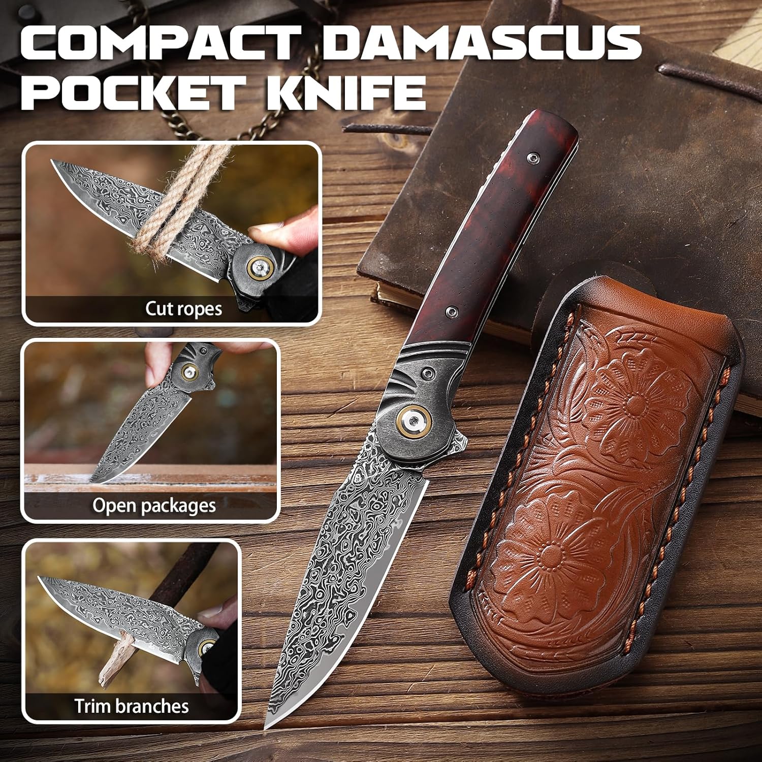 Omesio Damascus Pocket Knife, 3.27" Damascus Steel Blade