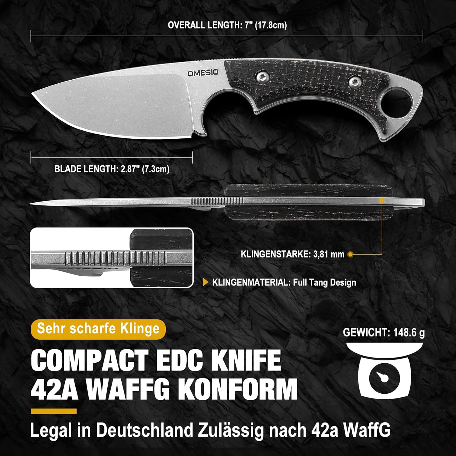 Omesio M-LL ixed Blade Knife 3.54" Blade D2 Steel Tactical Knife