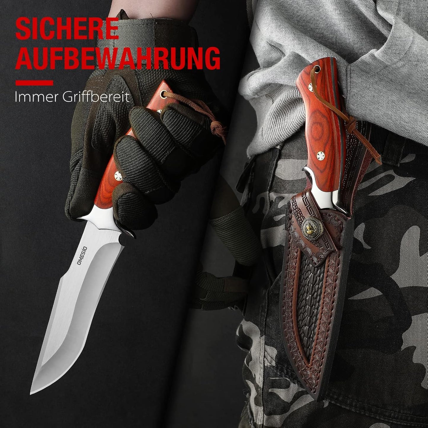 Omesio  L-PJ25H Fixed Blade Knife with Sheath Survival Knife M390 Steel