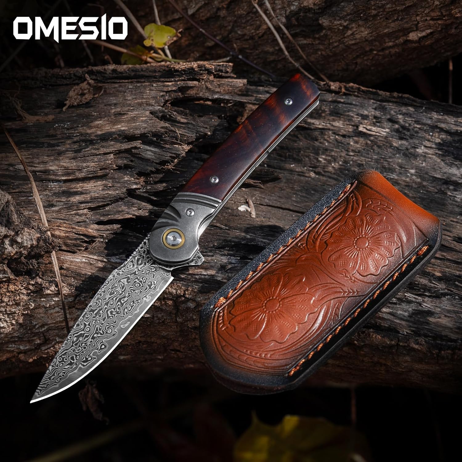 Omesio Damascus Pocket Knife, 3.27" Damascus Steel Blade