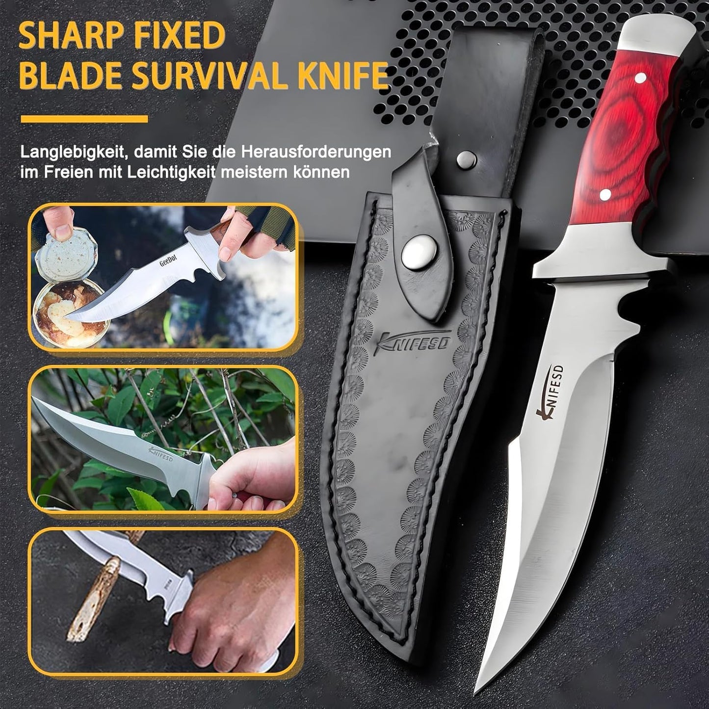 Omesio UMF L-HY Hunting Knife with Sheath Full Tang Bushcraft Knives