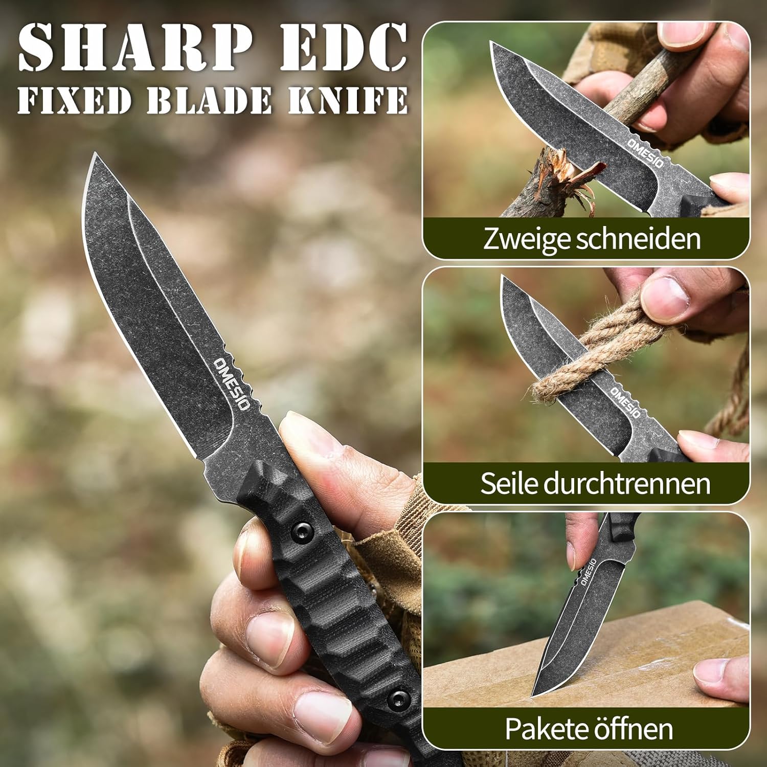 Omesio M-FT 7.6" EDC Fixed Blade Knife with Kydex Sheath