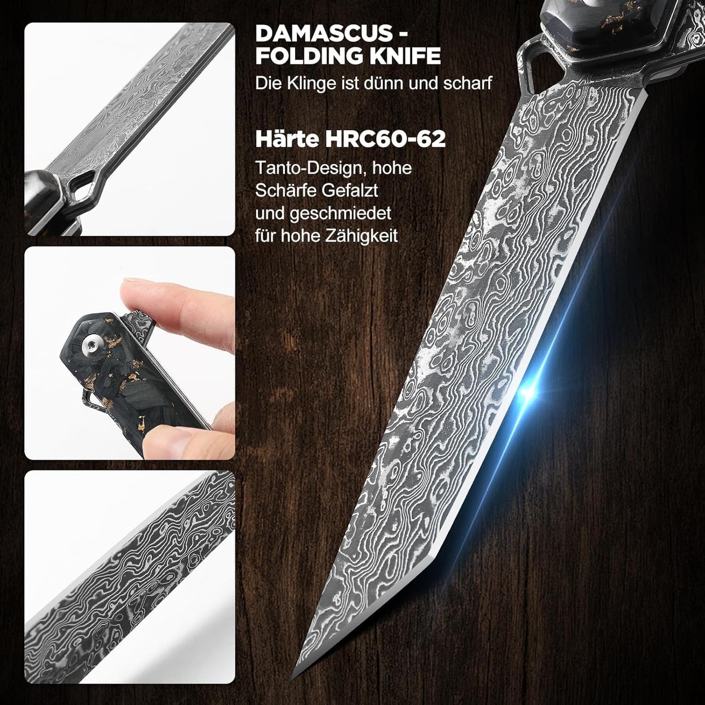 Omesio Damascus Tanto Pocket Knife for Men Women