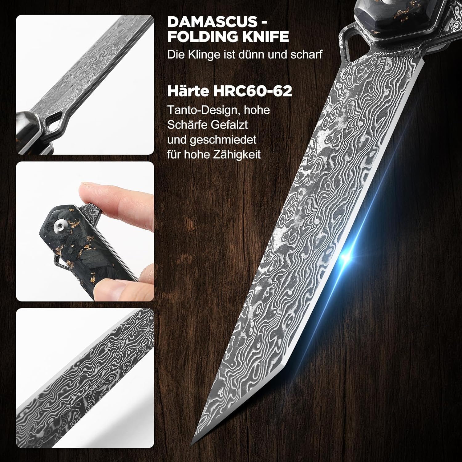 Omesio Damascus Tanto Pocket Knife for Men Women