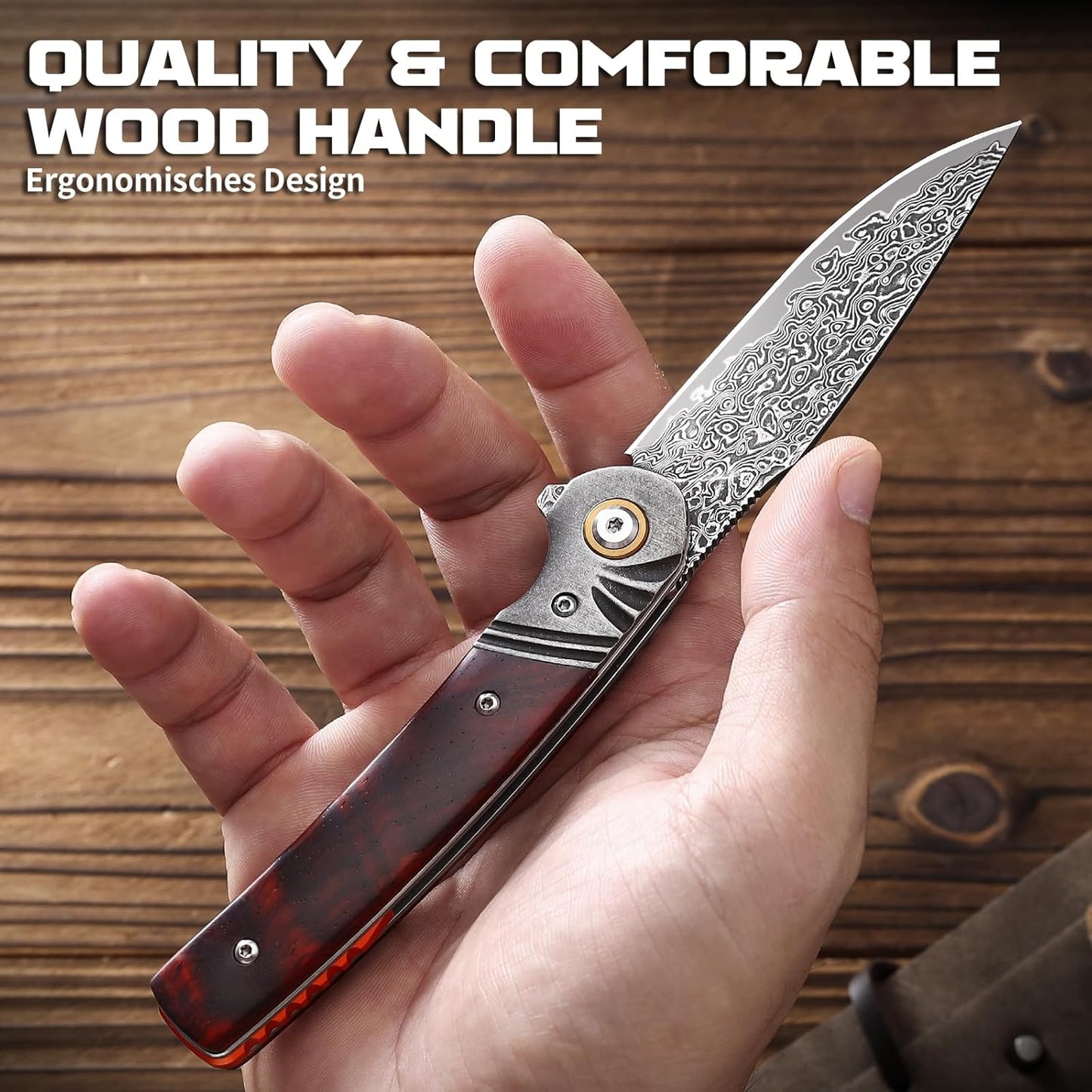 Omesio Damascus Pocket Knife, 3.27" Damascus Steel Blade