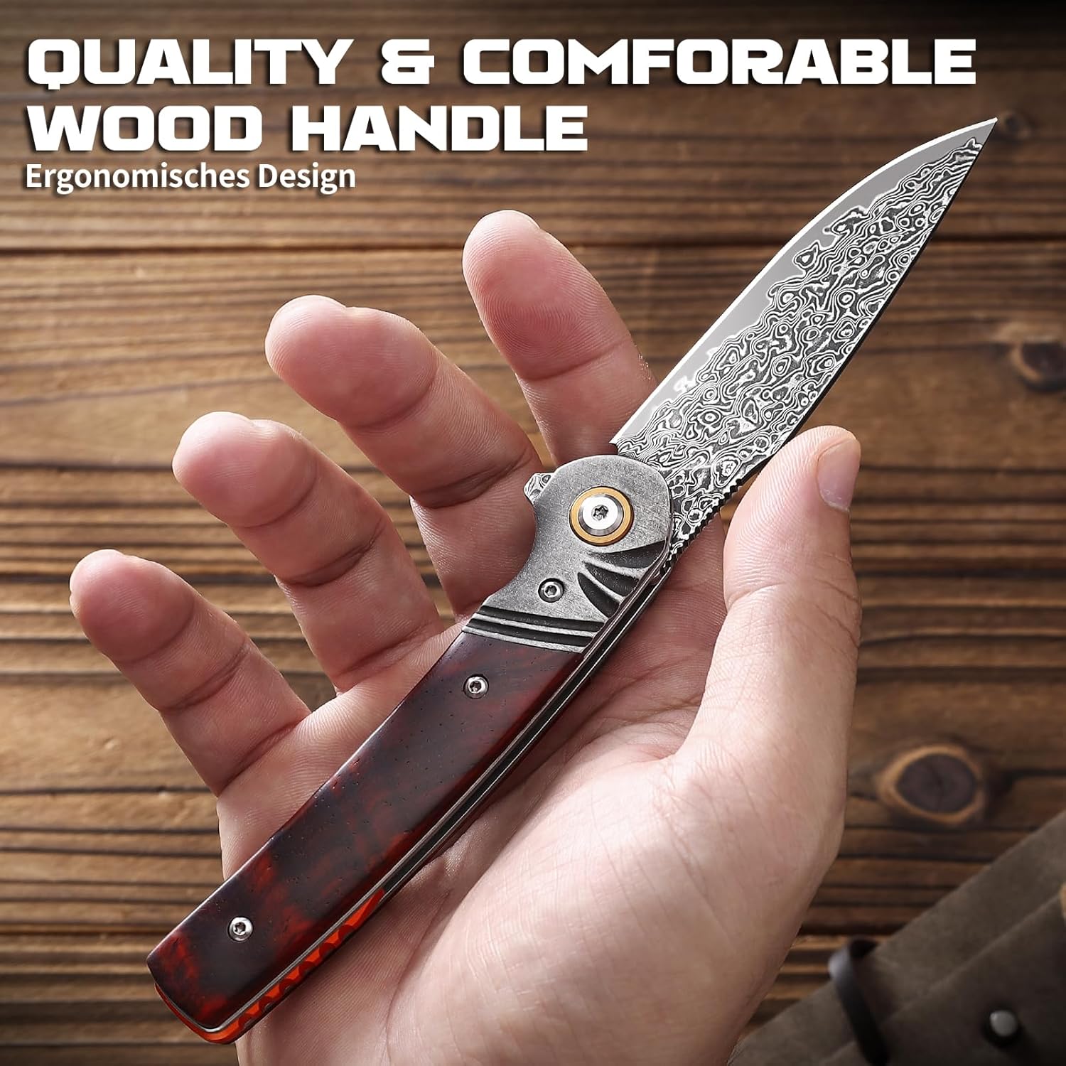 Omesio Damascus Pocket Knife, 3.27" Damascus Steel Blade