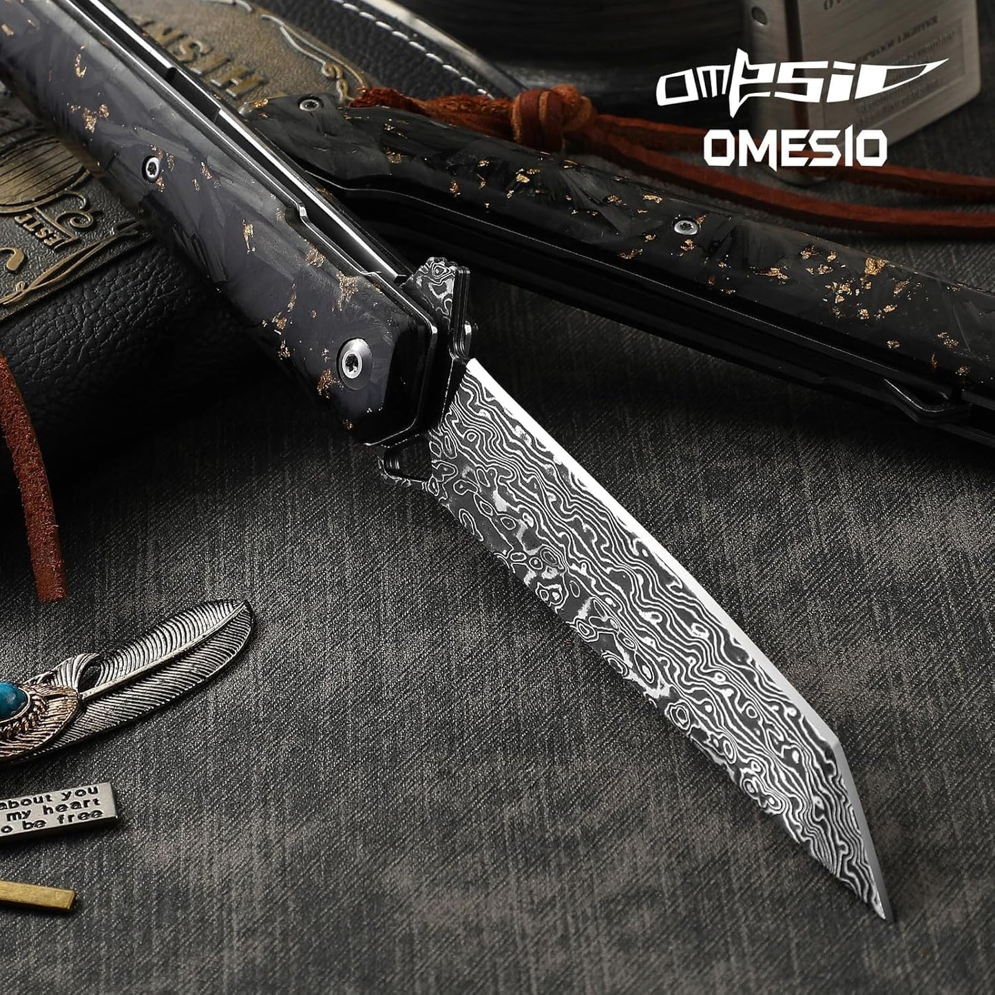 Omesio Damascus Tanto Pocket Knife for Men Women
