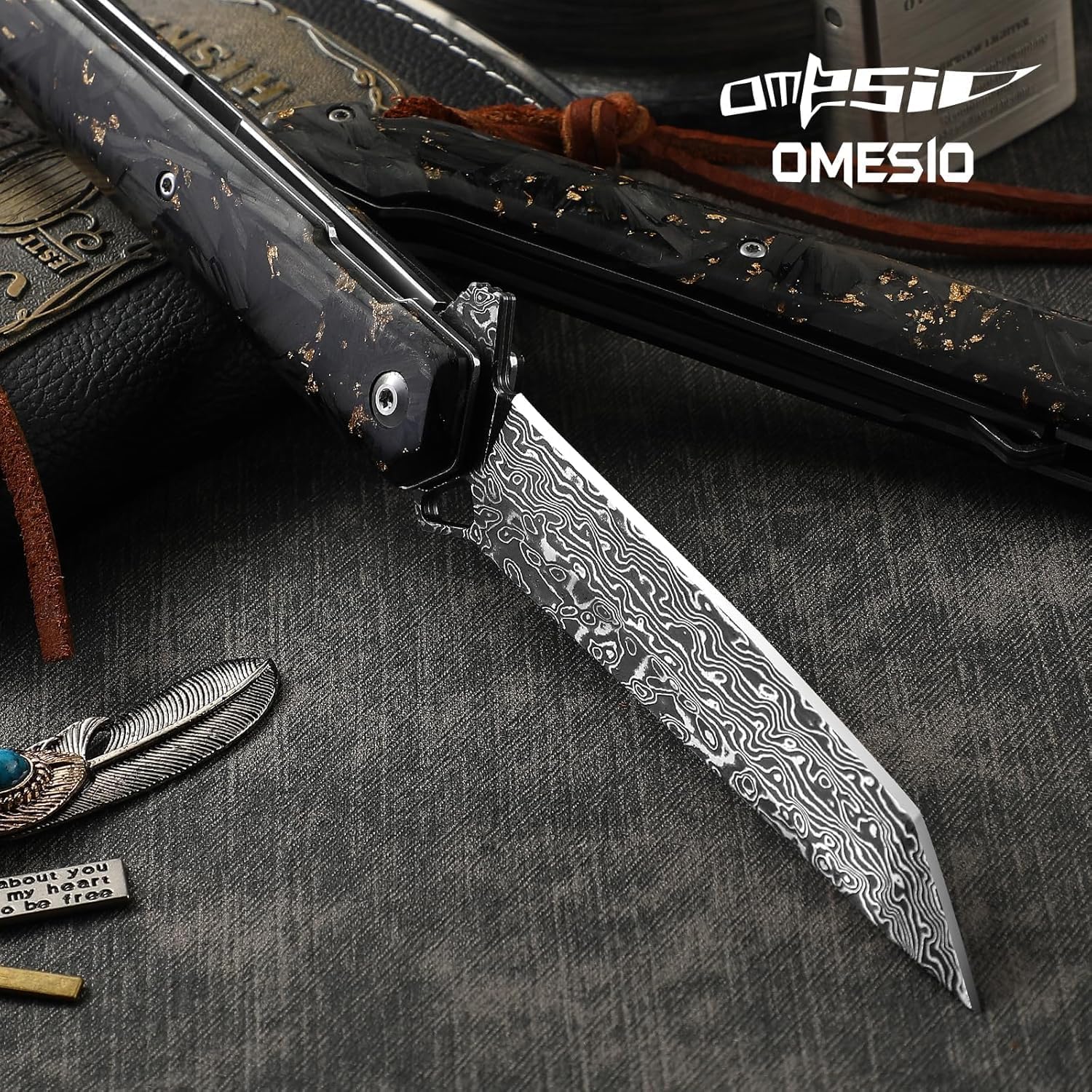 Omesio Damascus Tanto Pocket Knife for Men Women