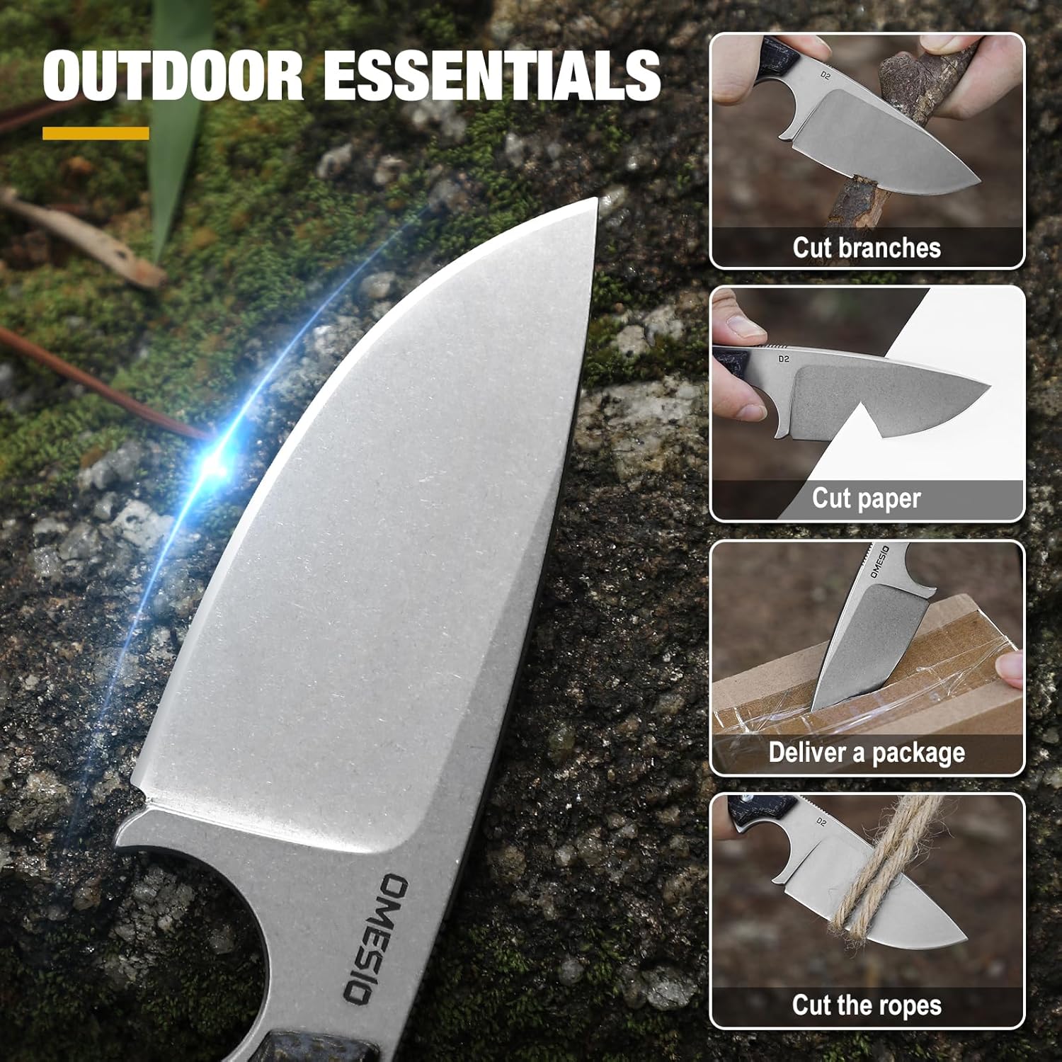 Omesio M-LL ixed Blade Knife 3.54" Blade D2 Steel Tactical Knife