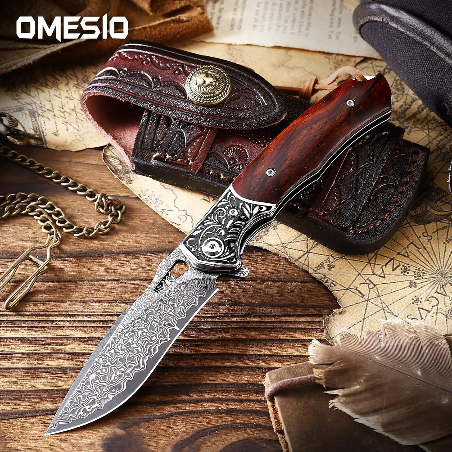 Omesio Damast Taschenmesser Klappmesser, Hochwertiges VG10 Damaststahl
