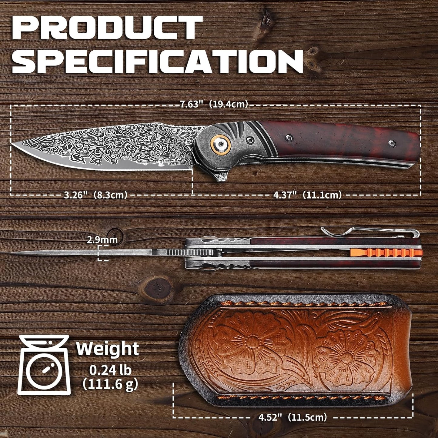 Omesio Damascus Pocket Knife, 3.27" Damascus Steel Blade