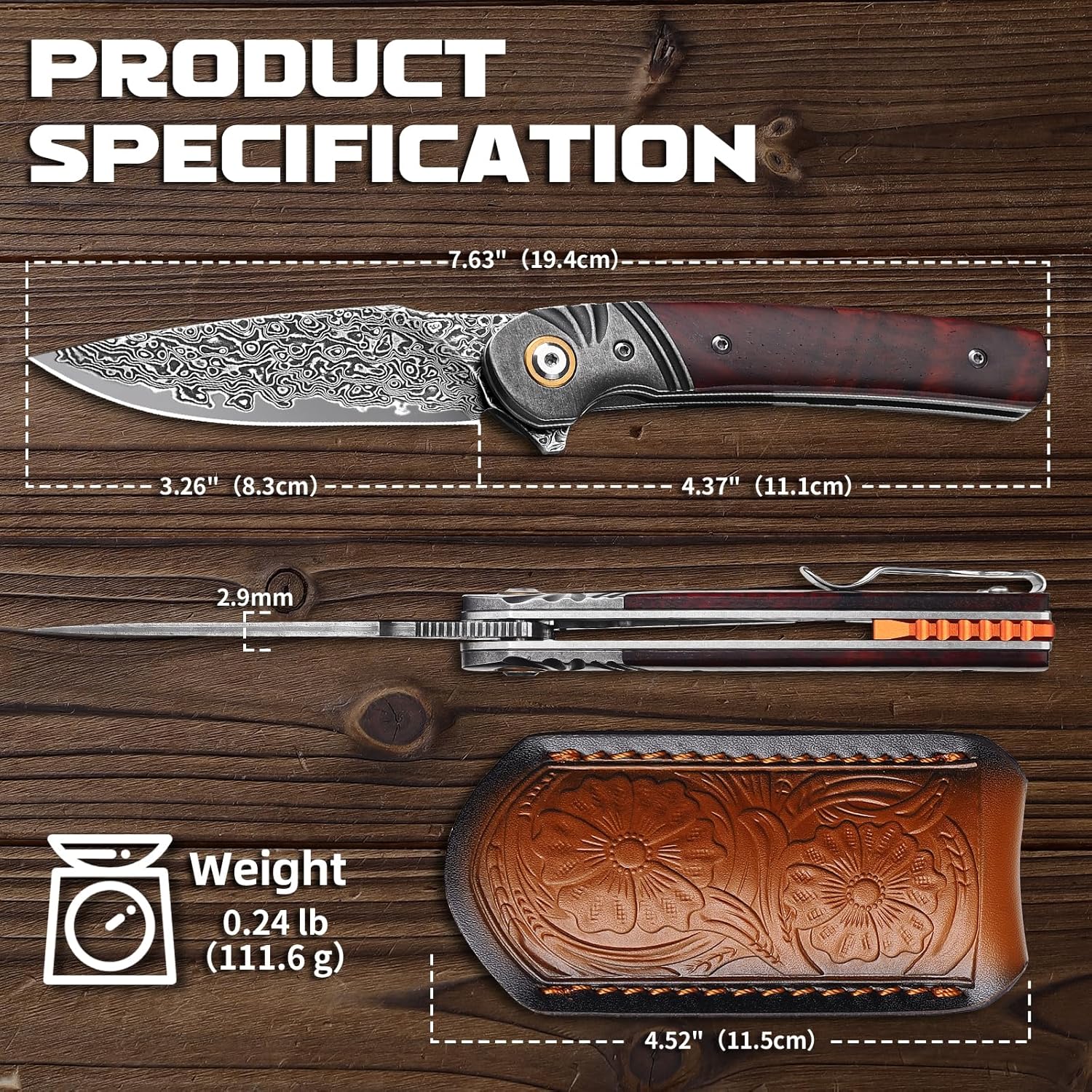 Omesio Damascus Pocket Knife, 3.27" Damascus Steel Blade