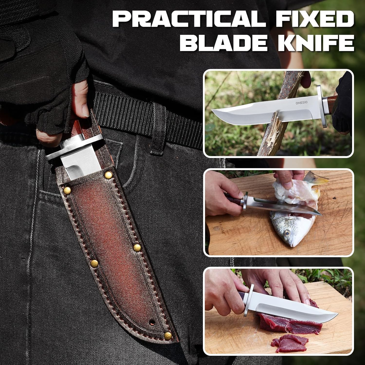 Omesio L-KB Hunting Knife with Sheath, Fixed Blade Full Tang
